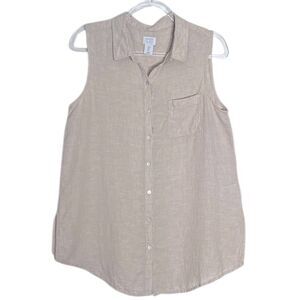 Sigrid Olsen Sleeveless Top 100% Linen in Tan Size Large Mother of Pearl Button